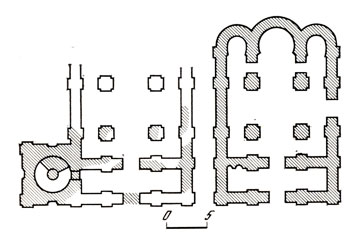 Новгород. Церковь благовещения на Городище, 1103 г., и Николо-Дворищенский собор. Планы по М. К. Каргеру