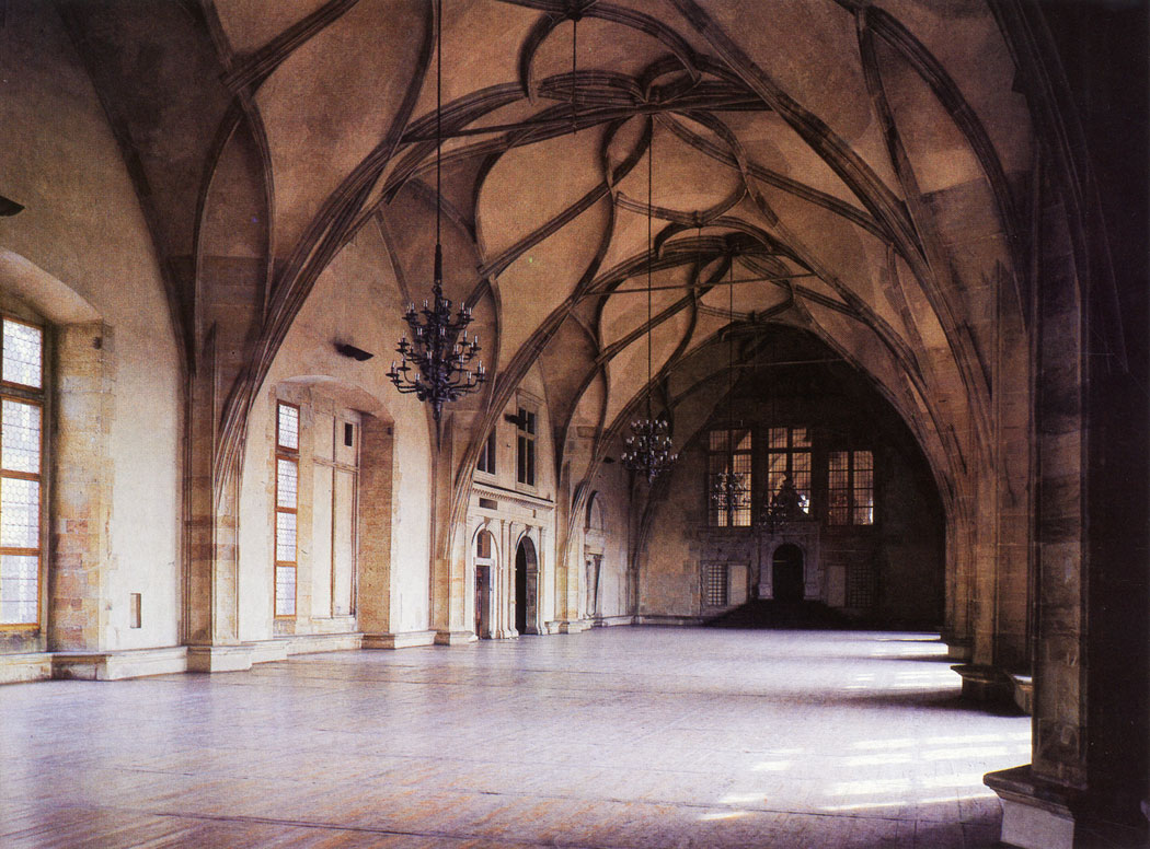 The Vladislav Hall was built by Benedikt Ried of Pistov in the yoars 1486 - 1502. In size (length: 62 in., width: 16 m., height: 13 m.) it was the largest secular hall in contemporary Prague, and served as a Hall of Homage of the Kings of Bohemia. In the second half of the 16th century, when merchants set up their stalls in the Hall, it became a remarkable centre of social life. In recent time all important acts of state have taken place in the Vladislav Hall, in particular the election of the President of the Republic.