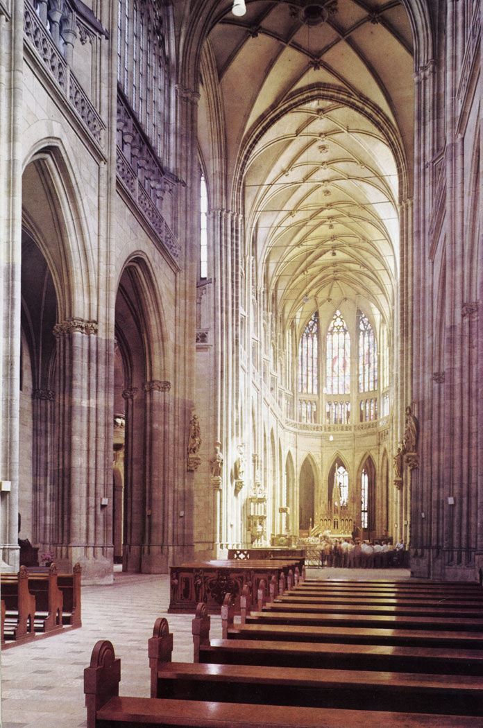 The Gothic Cathedral of St. Vitus was founded by Charles IV in 1344 on the occasior when the Prague bishopric was raised to the status, of archbishopric. The first builders of the mightiest ecclesiastical edifice in Prague were Matthias of Arras (1344-1352) and Peter Parler (1356 - 1399), whose descendents continued construction work until the outbreak of the Hussite Revolution in 1419. In the first and most important stage of construction work on the Cathedral the choir with its chapels as well as the main tower came into being, the latter, however, remained unfinished.
