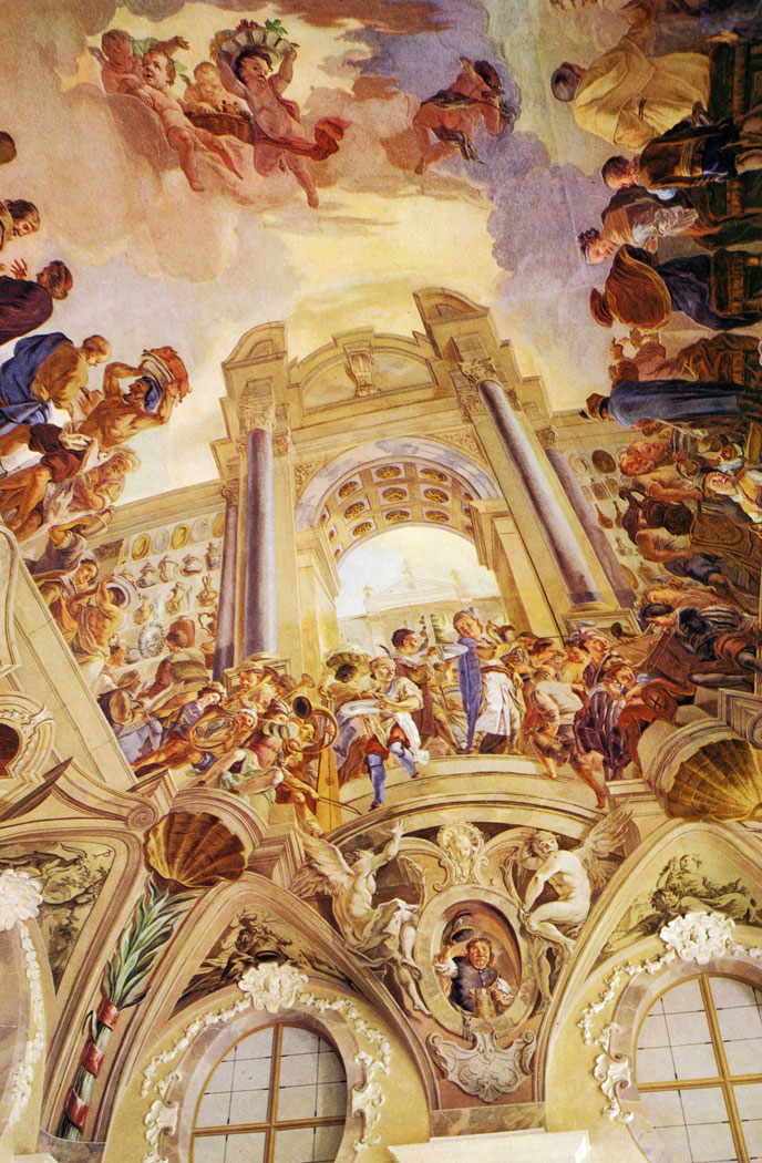 During reconstruction work on the Strahov monastery in the years 1680-1698 builder Jean B. Mathey erected a Summer Refectory in 1690. The vaulting is decorated with a grandiose composition of the Heavenly Feast, again the work of Siard Nosecky dated 1732.