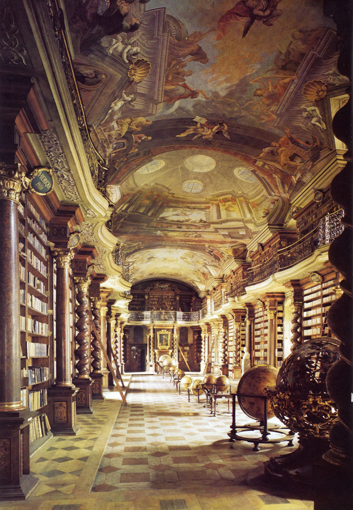 Building construction on the Clementinum (Klementinum), showing the immense influence and wealth of the Jesuit Order at the time after the Battle of the White Mountain, was roughly finished by the middle of the 17th century, but work continued into the following decades. The building of the Baroque library hall falls into the period of activity of architect F, M. Kanka in the twenties of the 18th century, and the ceiling is the work of Jan Hiebl (1727).