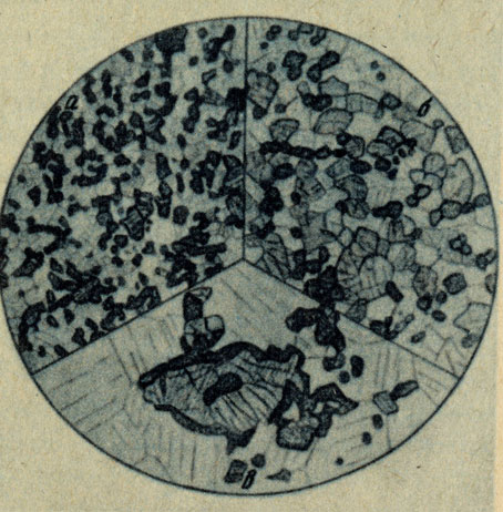 Рис. 22. Гранат-пироксен-плагиоклазовый роговик под микроскопом. По Ю. И. Половинкиной и др. а - тонкозернистый роговик, б - мелкозернистый роговик, в - среднезернистый роговик