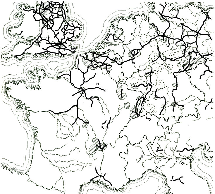 Железнодорожная сеть Западной Европы в середине XIX в. Карта показывает радиальное развитие железных дорог, строившихся от столиц к периферийным промышленным районам. При возрастании подвижности населения в масштабе целых стран и наличии в столицах только тупиковых вокзалов кризис городского движения неизмеримо усилился