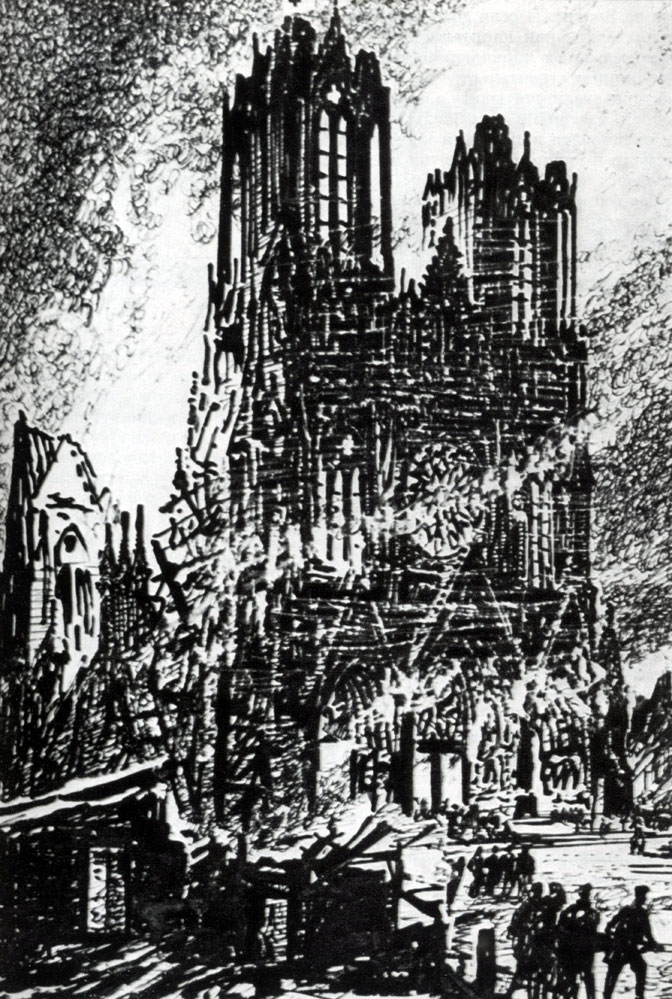 Обстрел Реймского собора немецкой артиллерией в 1914 г. (в соборе в это время находился французский военный госпиталь)