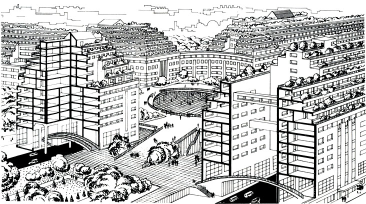 Фантастический проект города будущего, застроенного ступенчатыми домами. Автор Анри Соваж. Городской транспорт пронизывает жилые дома по нижнему этажу и полностью изолируется от движения пешеходов