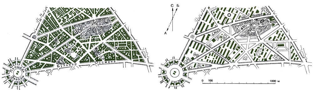 Слева - Париж. Застройка района, окружающего парк Монсо. Справа - проект Огюстена Рея, предлагавшего застроить этот район по гелиотермической оси (А-Б)