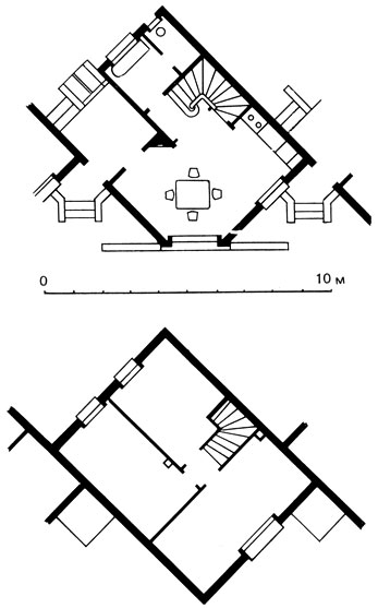 'Город-лестница', спроектированный архитекторами А. и М. Гюттонами (проект опубликован в 1933 г.). Справа - планы малометражной квартиры в двух уровнях