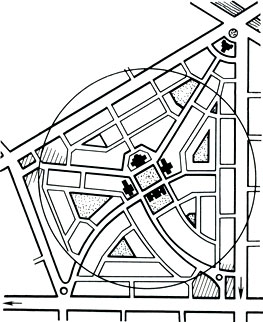 Идеальная схема городского микрорайона по Кларенсу Перри (опубликована в 1929 г.). Район рассчитан на 5-6 тыс. жителей при односемейном заселении домов. В центре - школа и общественные здания; на углах - магазины. Радиус обслуживания 800 м