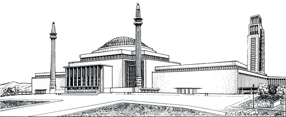 Перспектива парламентского здания в Анкаре по неосуществленному проекту Жозефа Ваго (1939 г.). Вид с южной стороны