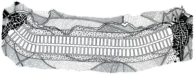 Один из предшественников концепции 'линейного города'. Отрезок кольцевого дачного предместья, спроектированного Сориа и Мата вокруг Мадрида (1882 г.)