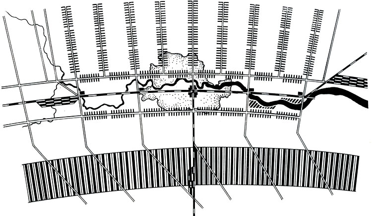 Экспериментальная схема линейного Лондона, сделанная Гильберсаймером. Новое жилищное строительство размещается по сторонам девяти меридиональных автомобильных дорог; промышленные предприятия - к югу от Темзы; в центре - главный железнодорожный вокзал