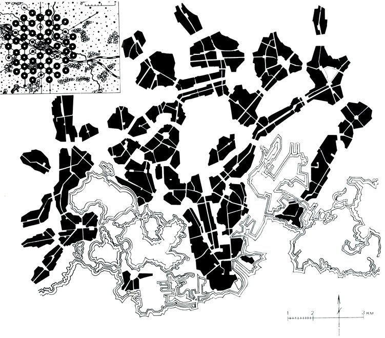 Проект Большого Хельсинки, разработанный Элиэлом Саариненом в 1918 г. В левом верхнем углу - идеальная схема расселения по Эрику Глойдену