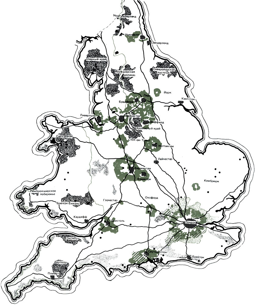 Охрана пейзажа в Англии и Уэльсе. Темной штриховкой показаны национальные парки; черными точками - зоны красивых природных ландшафтов; сплошным зеленым - лесопарковые пояса вокруг городов; зелеными точками - их предполагаемое расширение; зелеными линиями - дороги для пешеходов и всадников; черные точки и пятна - достопримечательные места