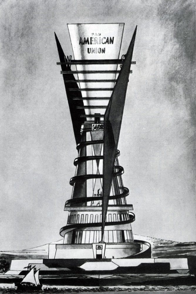Международный конкурс на проект памятника-маяка Колумбу в Санто-Доминго (1929 г.). Проект архит. К. С. Мельникова (основная идея - проникновение европейской культуры в Америку)