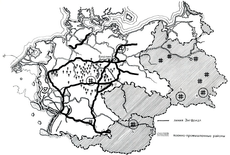 Карта фашистской Германии с аннексированными территориями, дорогами вторжений (залиты черным) и лагерями смерти: 1 - Бухенвалъд; 2 - Равенсбрюк; 3 - Освенцим; 4 - Майданек; 5 - Маутхаузен; крестами обозначены 'филиалы' Бухенвальда