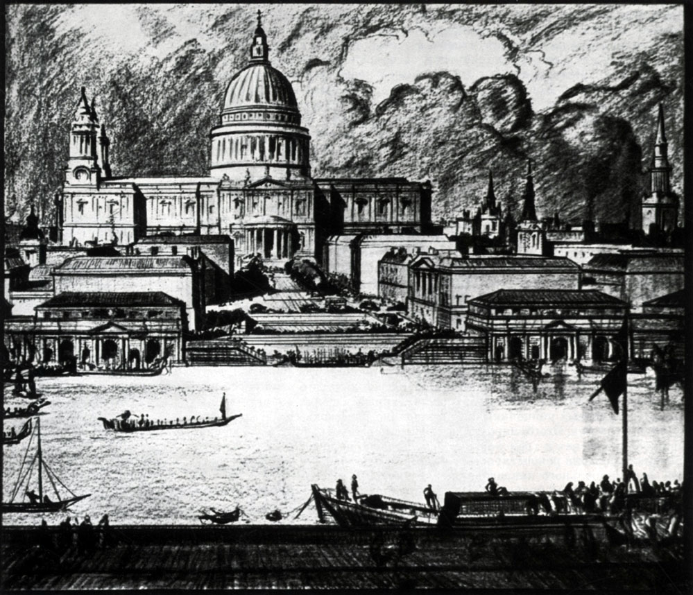 Вид на собор св. Павла и эспланаду, выходящую к Темзе (рисунок А. С. Уэбба из сюиты градостроительных эскизов Королевской академии)