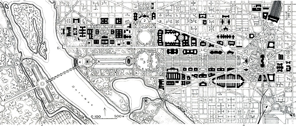 План центральной части Вашингтона: 1 - Капитолий; 2 - Белый дом; 3 - обелиск Вашингтона; 4 - памятник Линкольну; 5 - памятник Джвфферсону; 6 - Центральный вокзал; А - главный партер (Мэлл); Б - проспект Конституции