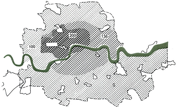 Проект планировки Лондонского графства Аберкромби и Форшоу. Плотность населения на 1 акр