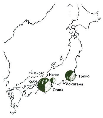 Приток населения в главные города Японии в 1930 (слева) и 1950 гг. Цветом показано население, прибывшее из провинции, точками - родившееся в городах