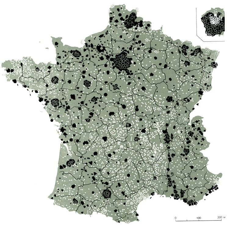 Картограмма миграции населения во Франции с 1931 по 1954 г. Увеличение численности населения отмечено черными кружками; уменьшение - белыми (малые кружки - 500 человек; большие - 5 тыс.). Вверху справа демонстрируется тот же процесс, протекавший в департаменте Сены