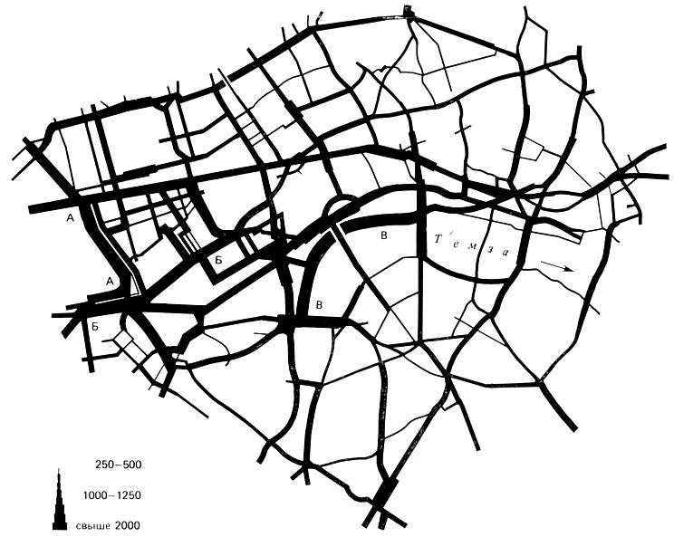 Теоретическая схема сочетания магистралей 1-го и 2-го класса с жилыми улицами по системе Герберта Алкера Триппа