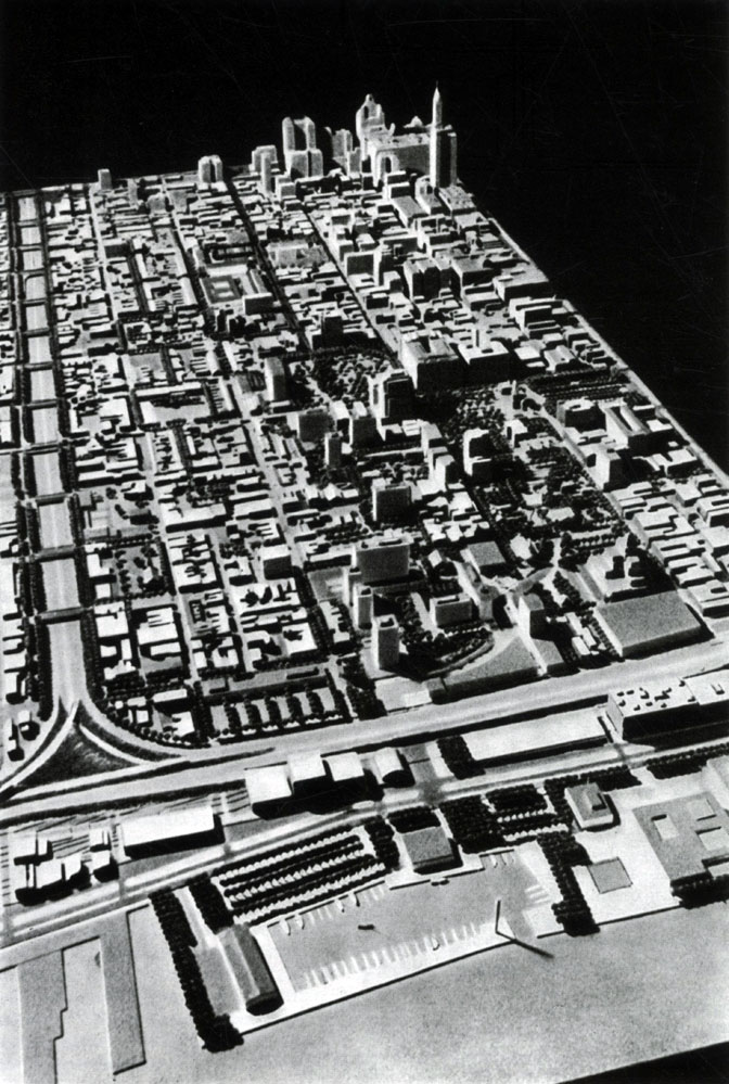 Модель юго-восточной части Филадельфии между Брод-стрит, Маркет-стрит и рекой Делавэр. Вдали виднеется массив старой ратуши. Слева - отрезок кольцевой и автомобильной магистрали