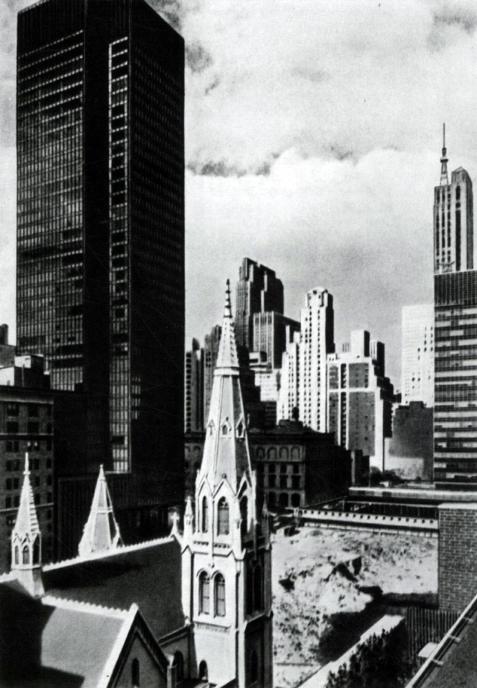 Послевоенное строительство в центральных районах Нью-Йорка. Смена старой застройки Манхэттена новыми однообразными конторскими зданиями в 25-30 этажей с искусственной климатизацией помещений