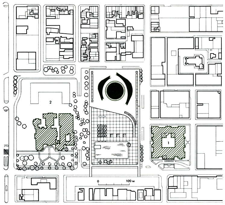 Генеральный план гражданского центра города Торонто. Залита цветом - новая ратуша; заштрихованы - старая ратуша (1) и Осгуд-холл (2)