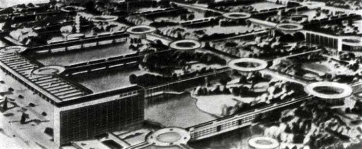 'Монотопия' - проект автомобильного города на 30 тыс. жителей в Мидлсексе (Англия). Архитекторы Джеллико, Баллантин, Кольридж и др. По замыслу авторов крыши предназначались для городского движения