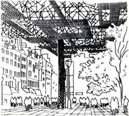 Современные градостроительные фантазии - 'город на столбах', предложенный И. Фридманом в качестве универсальной пространственной системы (под фермами - один из парижских бульваров)