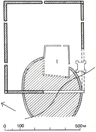 Крепость Эль-Каб (по Лаве дану). Заштрихована территория древнейшего поселения, указывающая на смену круглых городов прямоугольными 1 - храм