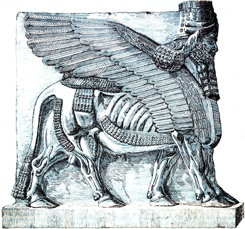 Крылатый бык ('ламассу'), охраняющий вход во дворец Саргона II в Дур-Шаррукине. Горельеф символически отображал могущество ничем не ограниченной верховной власти ассирийских царей