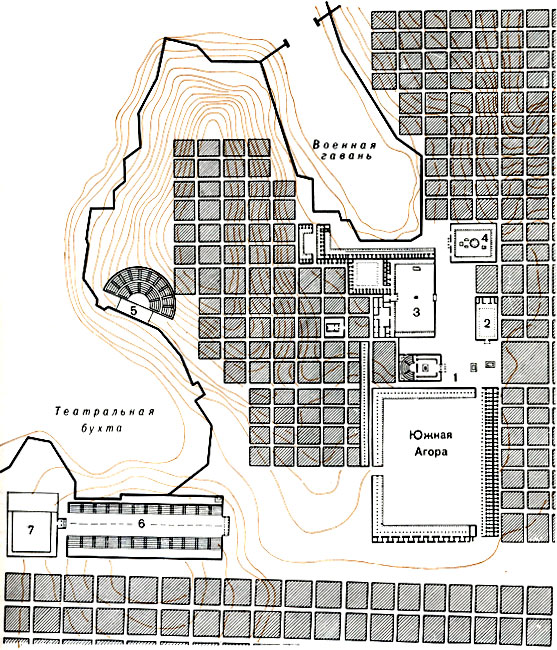 Генеральные планы центральных ансамблей Милета (слева) и Вавилона (справа) в общем масштабе Милет: 1 - булевтерий; 2 - гимнасий; 3 - северная агора; 4 - Дельфиний (священный участок Аполлона Делъфиния); 5 - театр; 6 - стадион на 14 400 мест; 7 - предполагаемый гимнасий