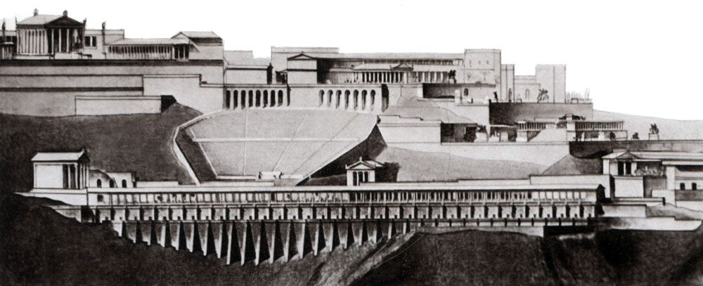 Пергам. Акрополь и верхняя агора в III в. н. э. Фасад с западной стороны (реконструкция Понтремолли)