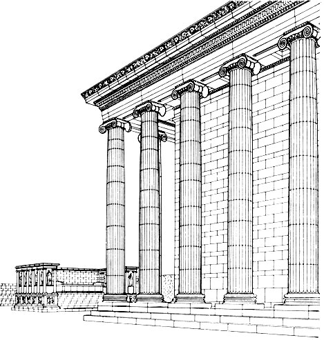 Приена. Северо-восточный угол храма Афины. Вдали - алтарь (реконструкция Ф. Кришен). Храм построен архит. Пифеем в IV в. до н. э