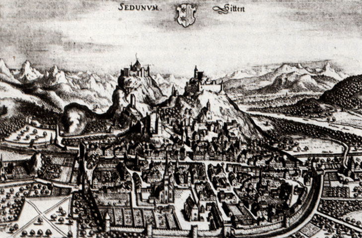 Зиттен (Сион) - главный город швейцарского кантона Валлис (Вале), выросший под защитой двух хорошо укрепленных нагорных замков. По гравюре М. Мериана