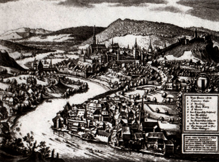 Баден (в Швейцарии на р. Лиммат) - пример средневекового монастырского города, к XVII в. еще не успевшего полностью срастись. На горе - остатки феодального замка. По гравюре М. Мериана