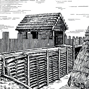 Бискупин. Ворота и оборонительная стена с частоколом на бруствере