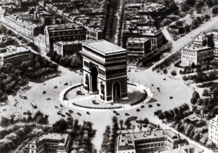 Париж. Триумфальная арка на площади Звезды (теперь переименованной в площадь генерала де Голля). Арка построена в 1806-1936 гг. по проекту Шальгрена; ее высота, считая с подъемом почвы в центре круга, достигает 48 м
