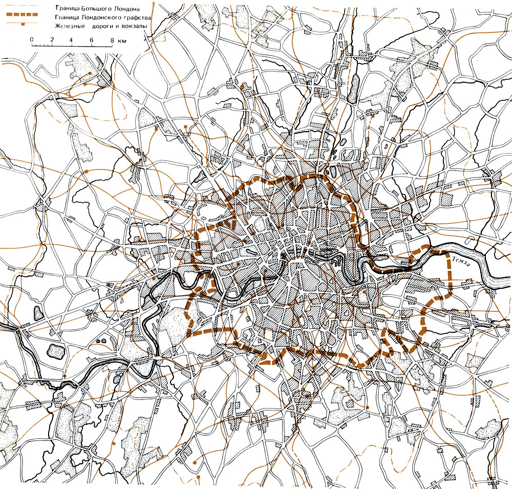 Лондонское графство и Большой Лондон на фоне самопроизвольно сложившейся дорожной сети. Город и загородные населенные пункты показаны штриховкой