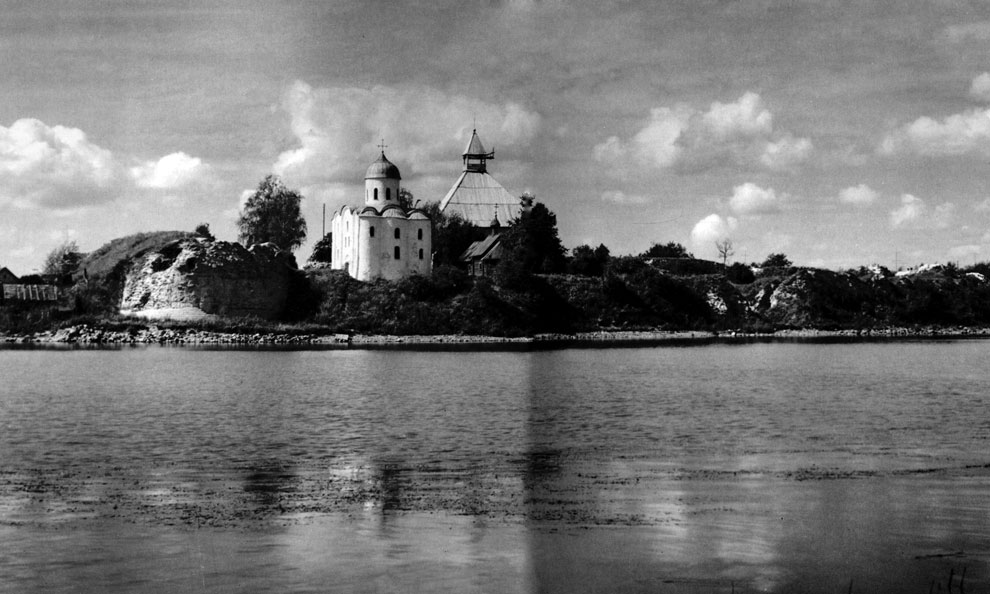 Staraya Ladoga fortress. General view from Volkhov river. Remnants of fortifications and the Church of St. George. Second half of the XII century