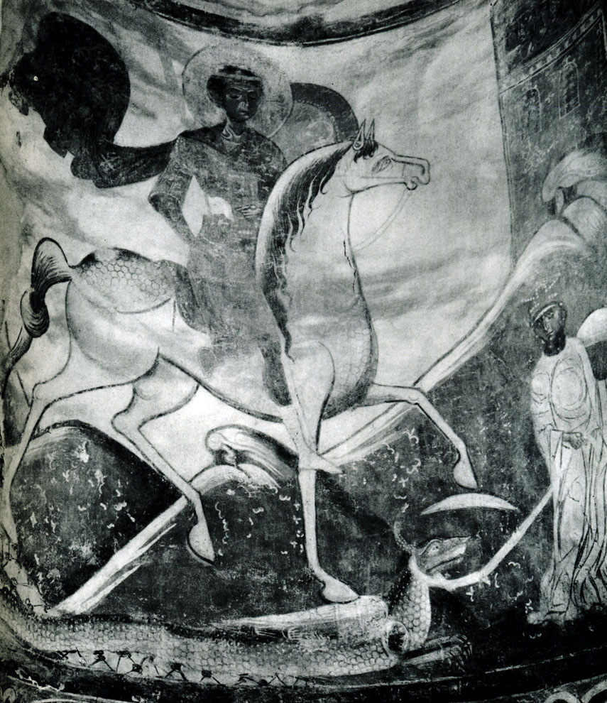 Staraya Ladoga. The Church of St. George. 'St. George slaying the dragon'. Fresco. The 80-ies of the XII century