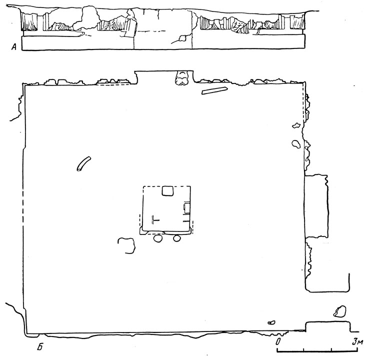 Рис. 33. Зал танцующих масок (помещение 14): А - северная стена, фасад; Б - план