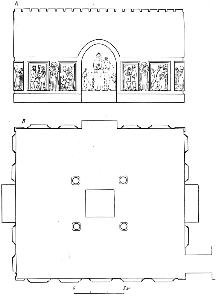 Рис. 34. Зал танцующих масок (помещение 14): А - северная стена, реконструкция; Б - план, реконструкция