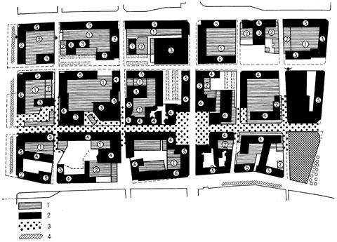 Уппсала. Реконструкция торгового центра. Проект, 1962. 1 - корпуса в 1 - 2 этажа. 2 - корпуса в 3 - 5 этажей; 3 - пешеходные улицы; 4 - паркинги (цифры на чертеже показывают число этажей построек)