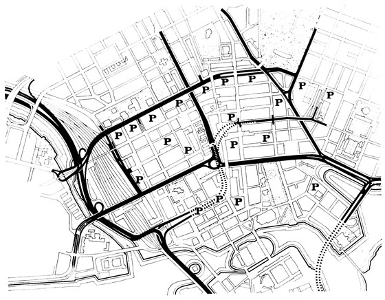 Стокгольм. Схема реконструкции системы магистралей центра по проекту 'Сити-67'