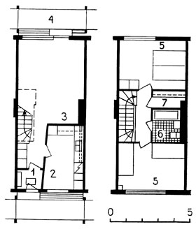 Тибру. Квартал Бриттгорден. Архит. Р. Эрскин. 1959 - 1966. Ячейка галерейного дома. 1 - холл; 2 - кухня; 3 - комната; 4 - балкон; 5 - спальня; 6 - туалетная комната; 7 - гардеробная