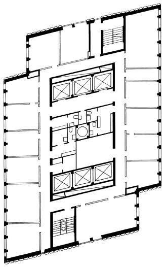 Стокгольм. Комплекс 'Венергрен-центра'. Архитекторы С. Линдстрём и А. Бюден, 1959 - 1961. План типового этажа высотного корпуса