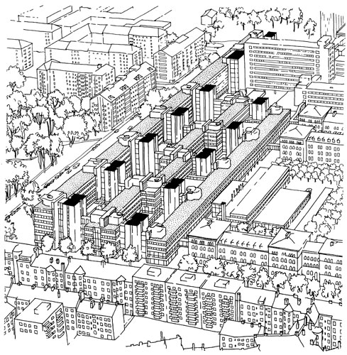 Стокгольм. Комплекс конторских зданий 'Гарнизонен'. Архитектурное бюро 'А-4 Архитектенконтор АБ', 1972. Общий вид