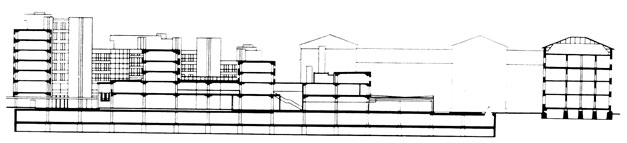 Стокгольм. Комплекс конторских зданий 'Гарнизонен'. Архитектурное бюро 'А-4 Архитектенконтор АБ', 1972. Разрез